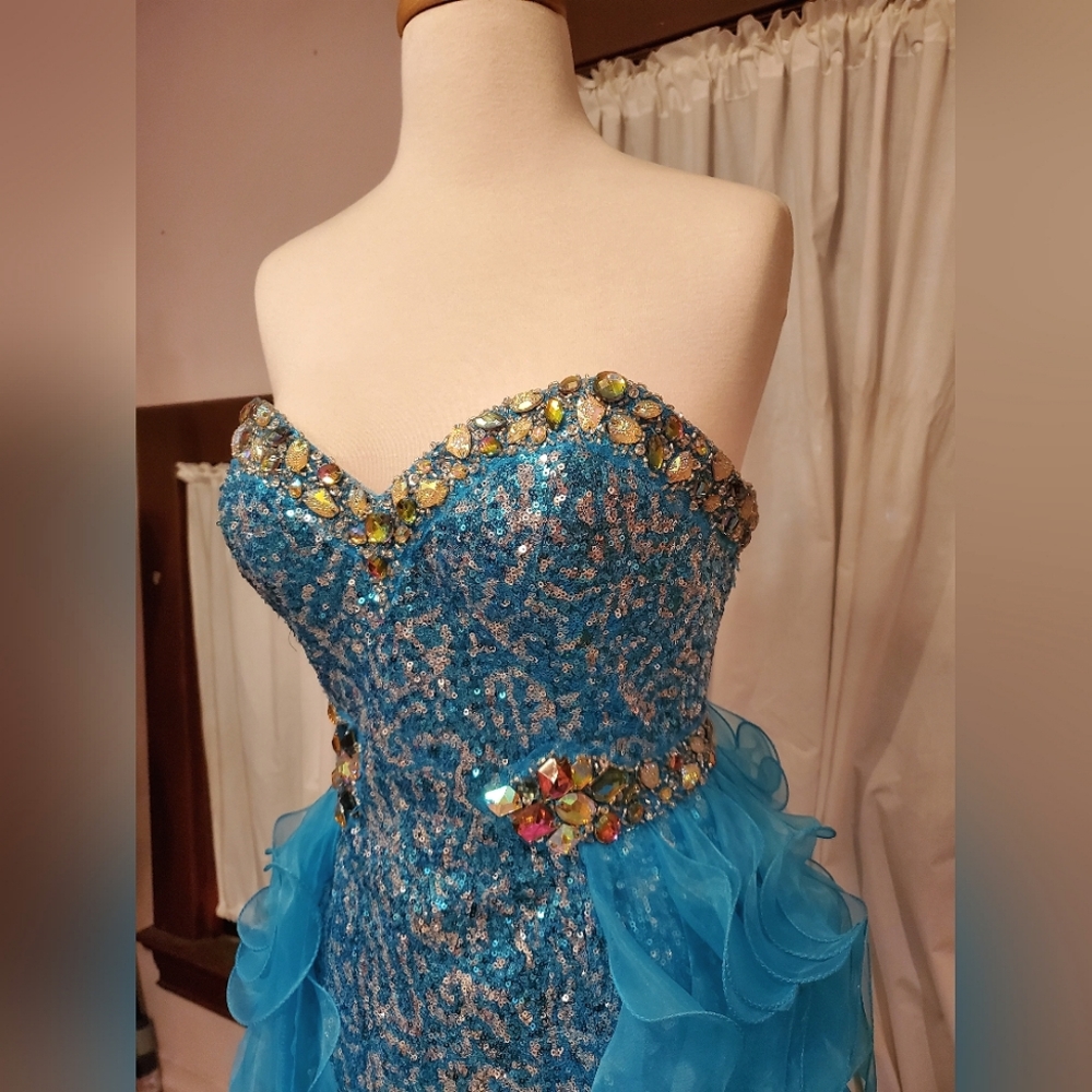 Turquoise Ruffly Hi-Lo Gown - Picture 3 of 5